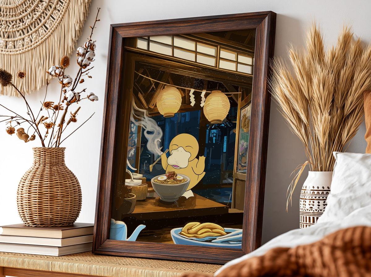Poster showing Psyduck eating ramen in warm brown and blue Japanese style with glowing lanterns