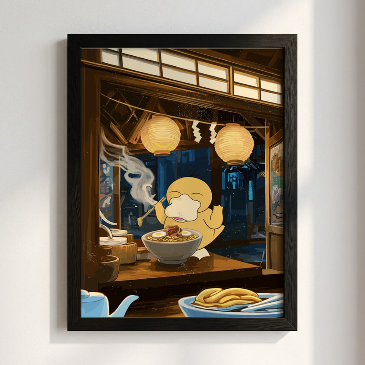 Poster showing Psyduck eating ramen in warm brown and blue Japanese style with glowing lanterns