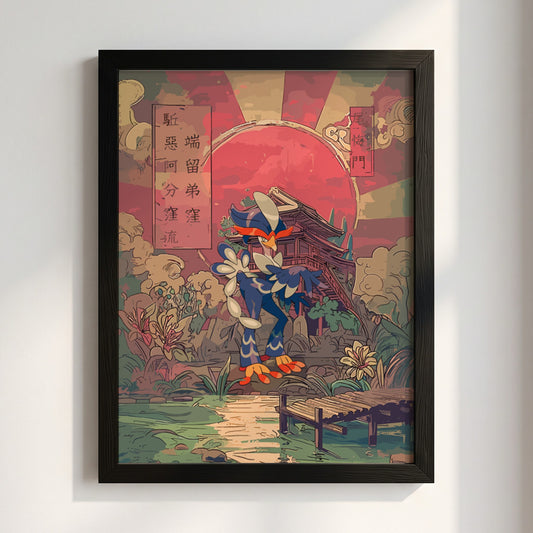 Poster featuring Quaquaval character with red sun, temple background, blue and orange colors