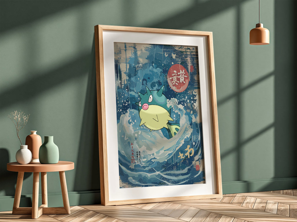 Poster wall art of Qwilfish in blue cream ukiyo-e style waves with Japanese calligraphy