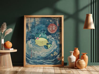 Poster wall art of Qwilfish in blue cream ukiyo-e style waves with Japanese calligraphy