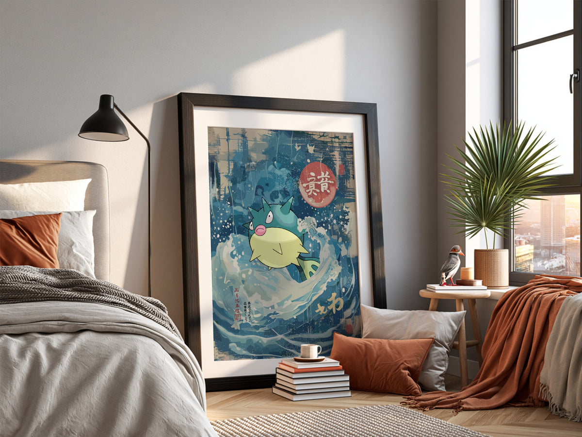 Poster wall art of Qwilfish in blue cream ukiyo-e style waves with Japanese calligraphy