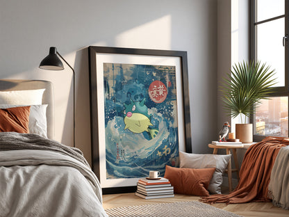 Poster wall art of Qwilfish in blue cream ukiyo-e style waves with Japanese calligraphy