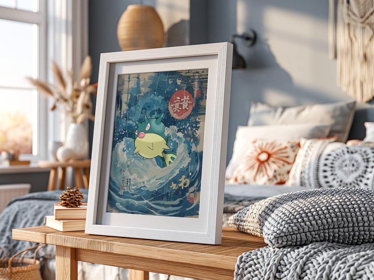Poster wall art of Qwilfish in blue cream ukiyo-e style waves with Japanese calligraphy