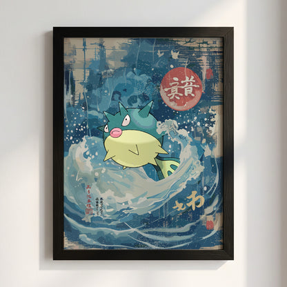 Poster wall art of Qwilfish in blue cream ukiyo-e style waves with Japanese calligraphy