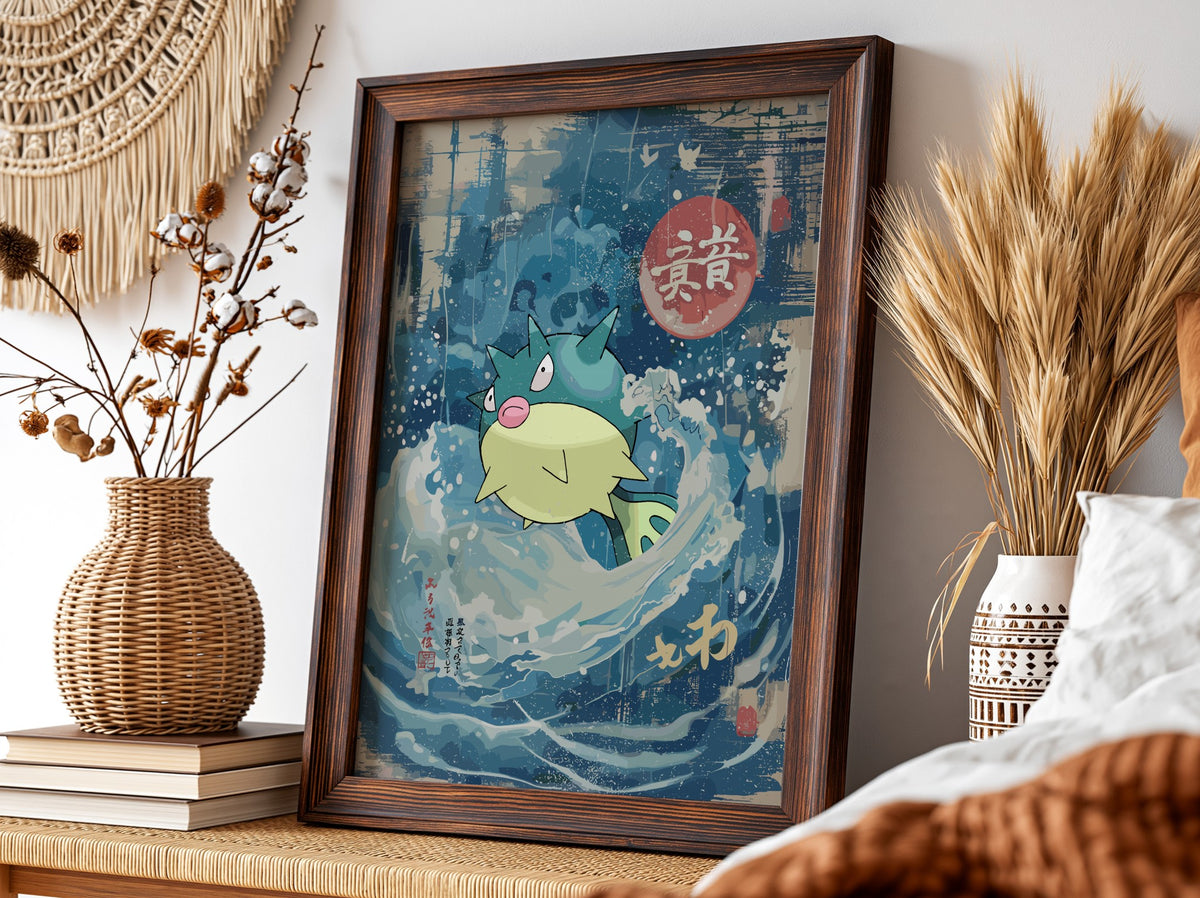 Poster wall art of Qwilfish in blue cream ukiyo-e style waves with Japanese calligraphy
