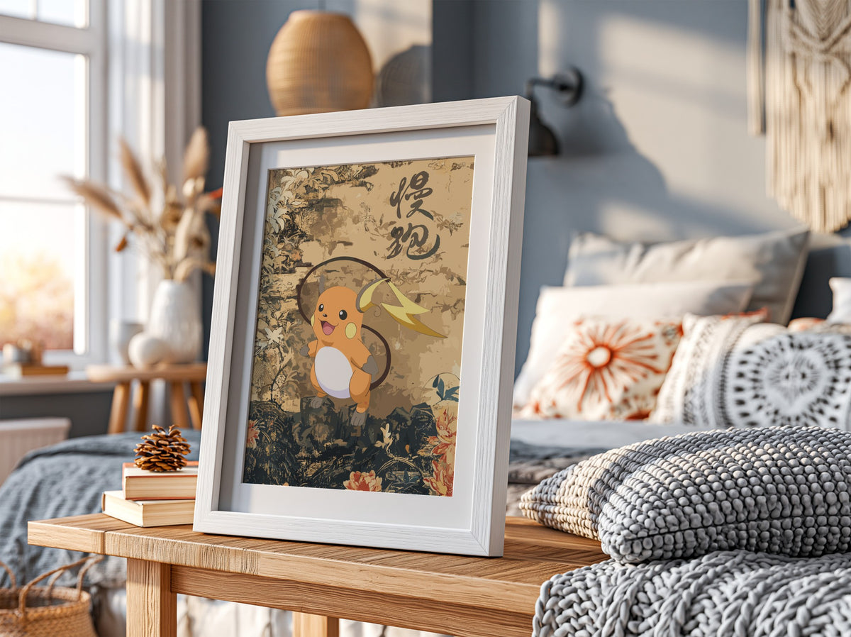 Framed wall decor featuring Raichu in warm beige and navy botanical vintage style with floral details