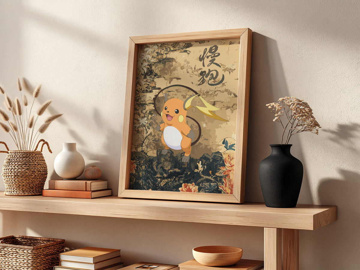 Framed wall decor featuring Raichu in warm beige and navy botanical vintage style with floral details