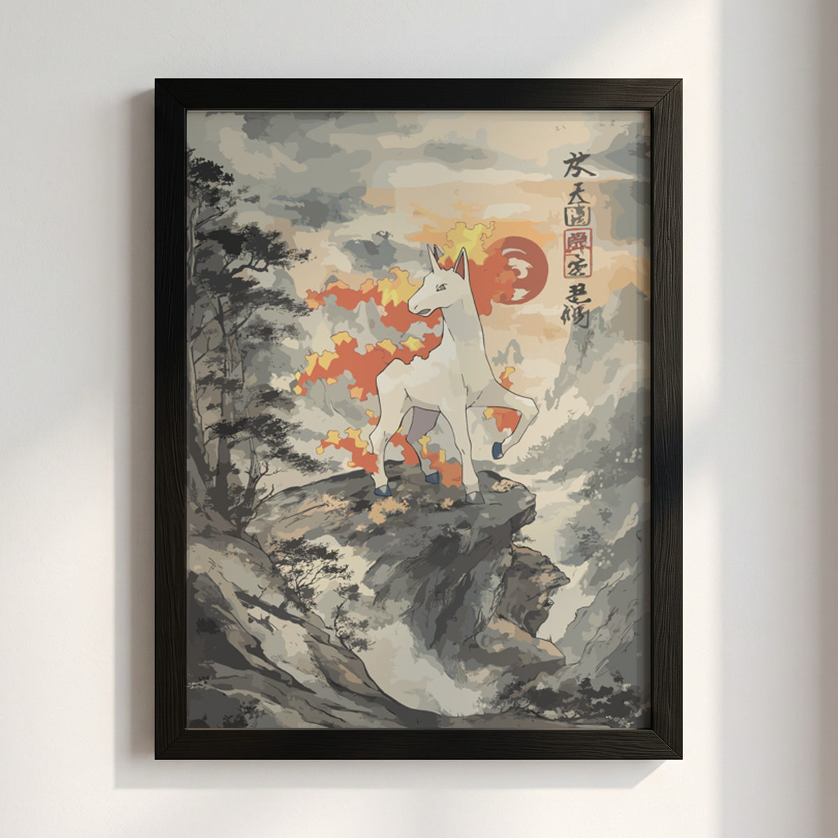 Wall decor poster of Rapidash on rocky cliff with fiery mane in muted Japanese style