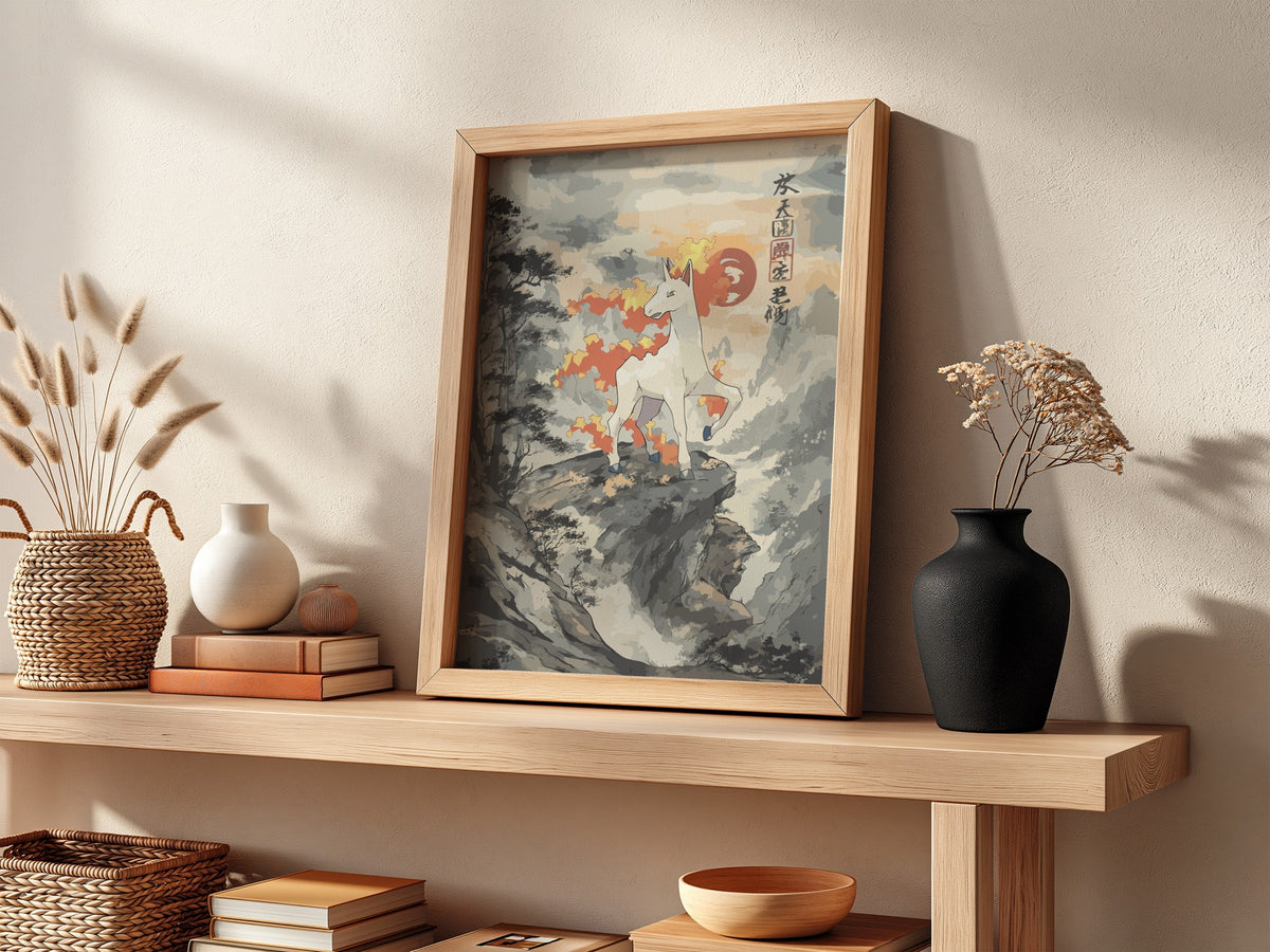 Wall decor poster of Rapidash on rocky cliff with fiery mane in muted Japanese style