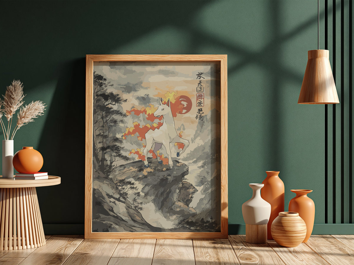 Wall decor poster of Rapidash on rocky cliff with fiery mane in muted Japanese style