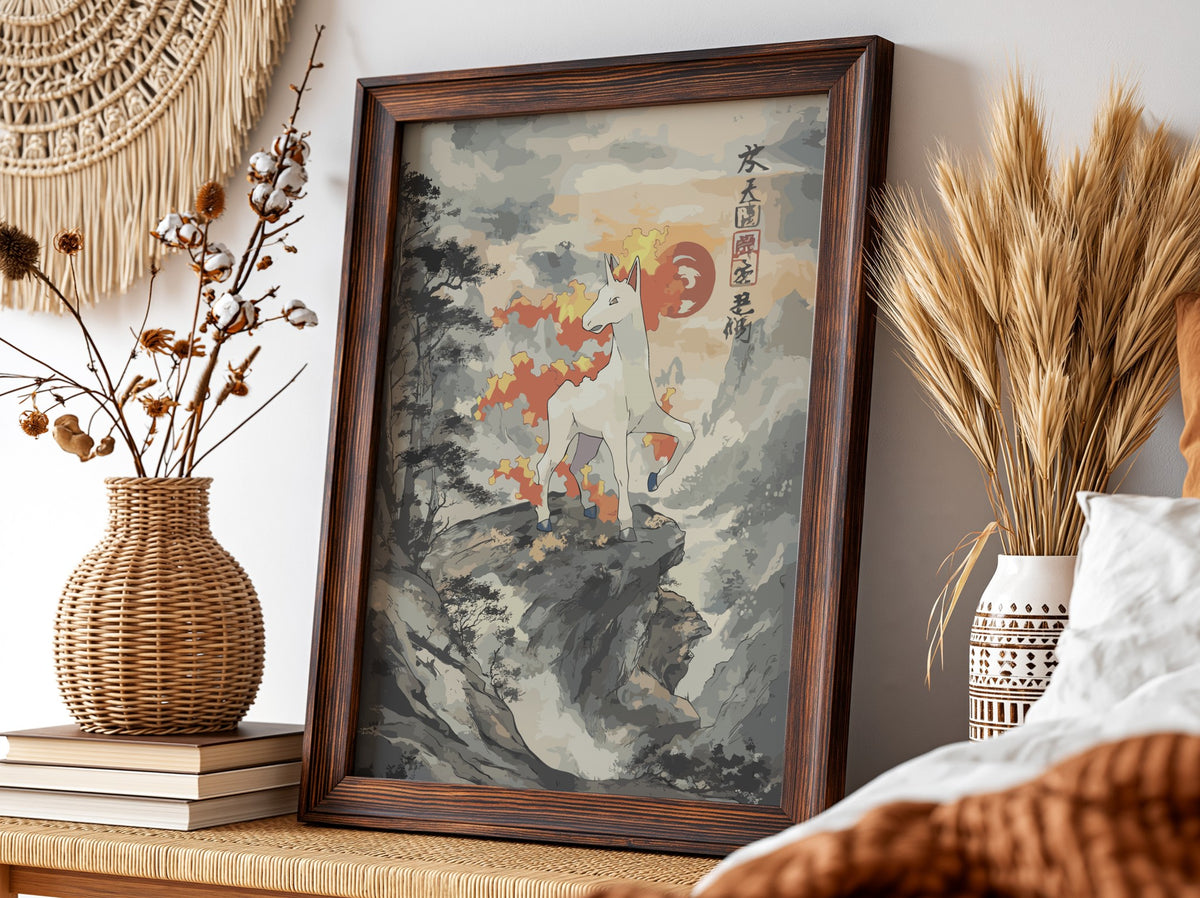 Wall decor poster of Rapidash on rocky cliff with fiery mane in muted Japanese style