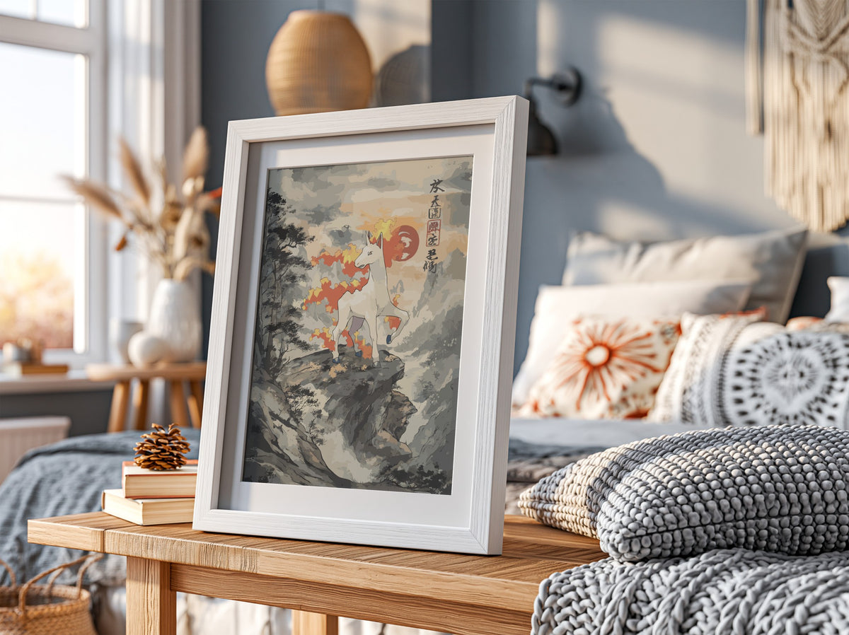Wall decor poster of Rapidash on rocky cliff with fiery mane in muted Japanese style