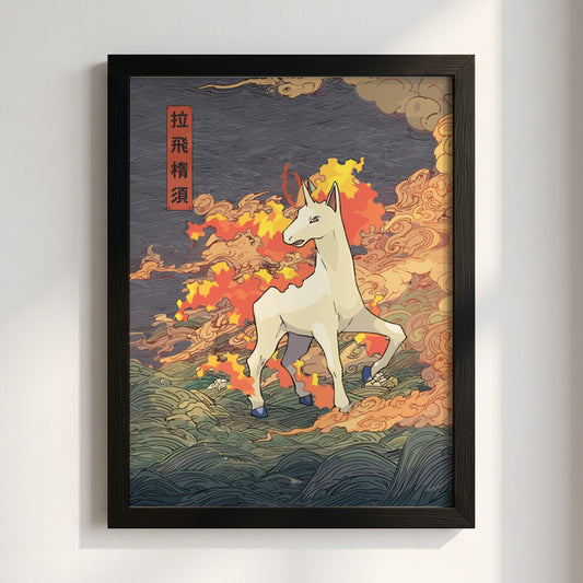 Poster wall decor featuring Rapidash with fiery mane, swirling clouds, waves in bold graphic style