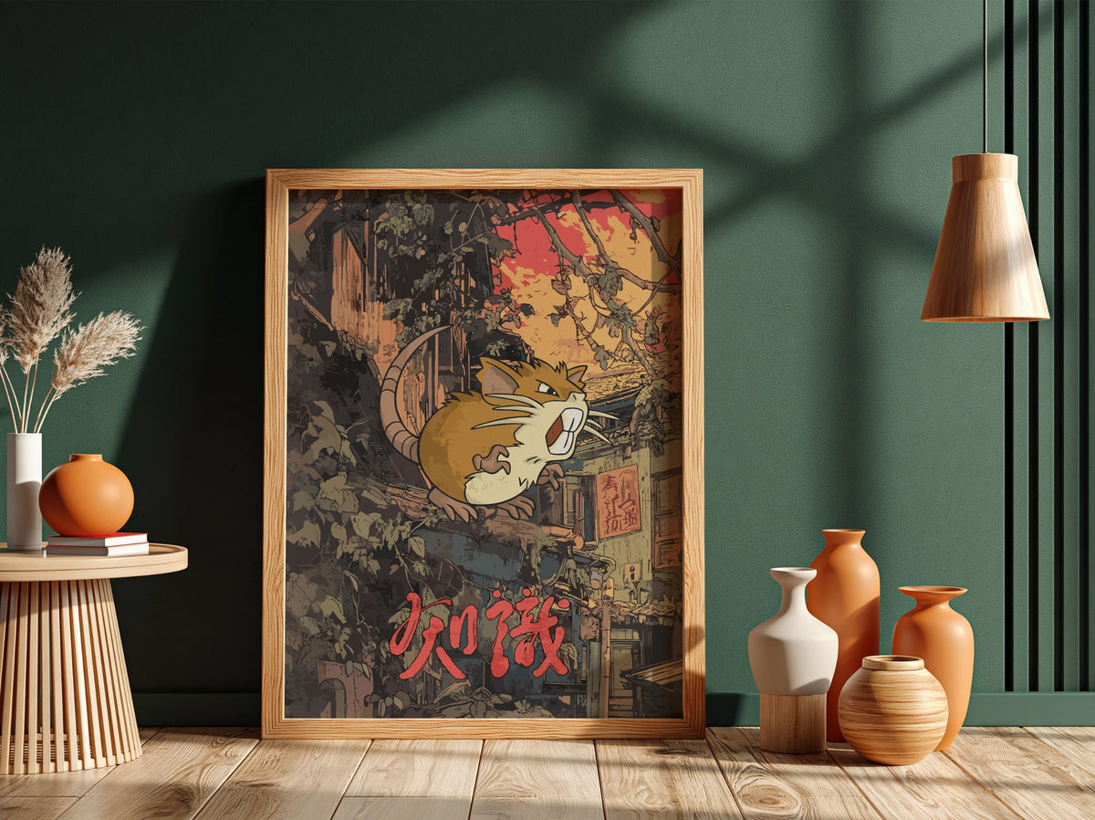 Poster featuring Raticate with warm brown and red Japanese urban background and bold red text