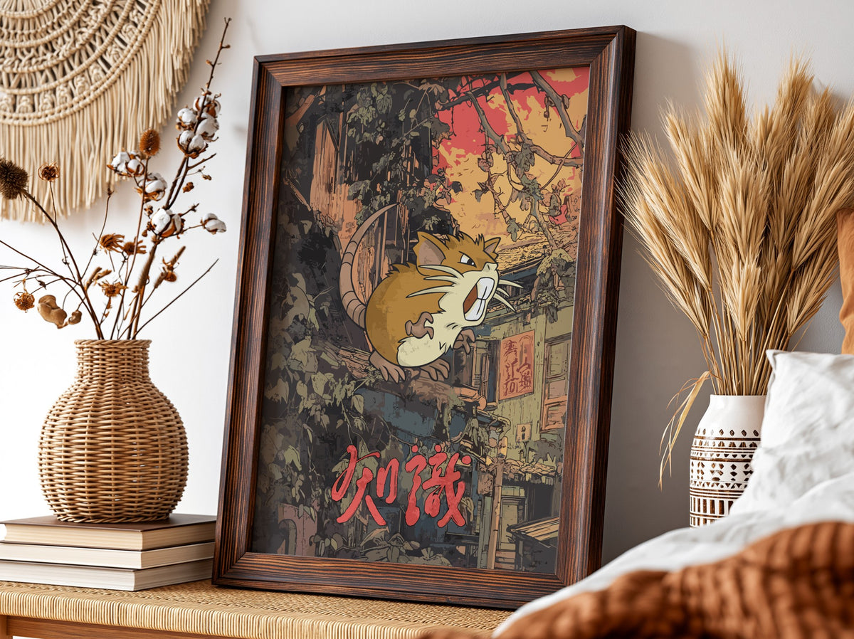 Poster featuring Raticate with warm brown and red Japanese urban background and bold red text