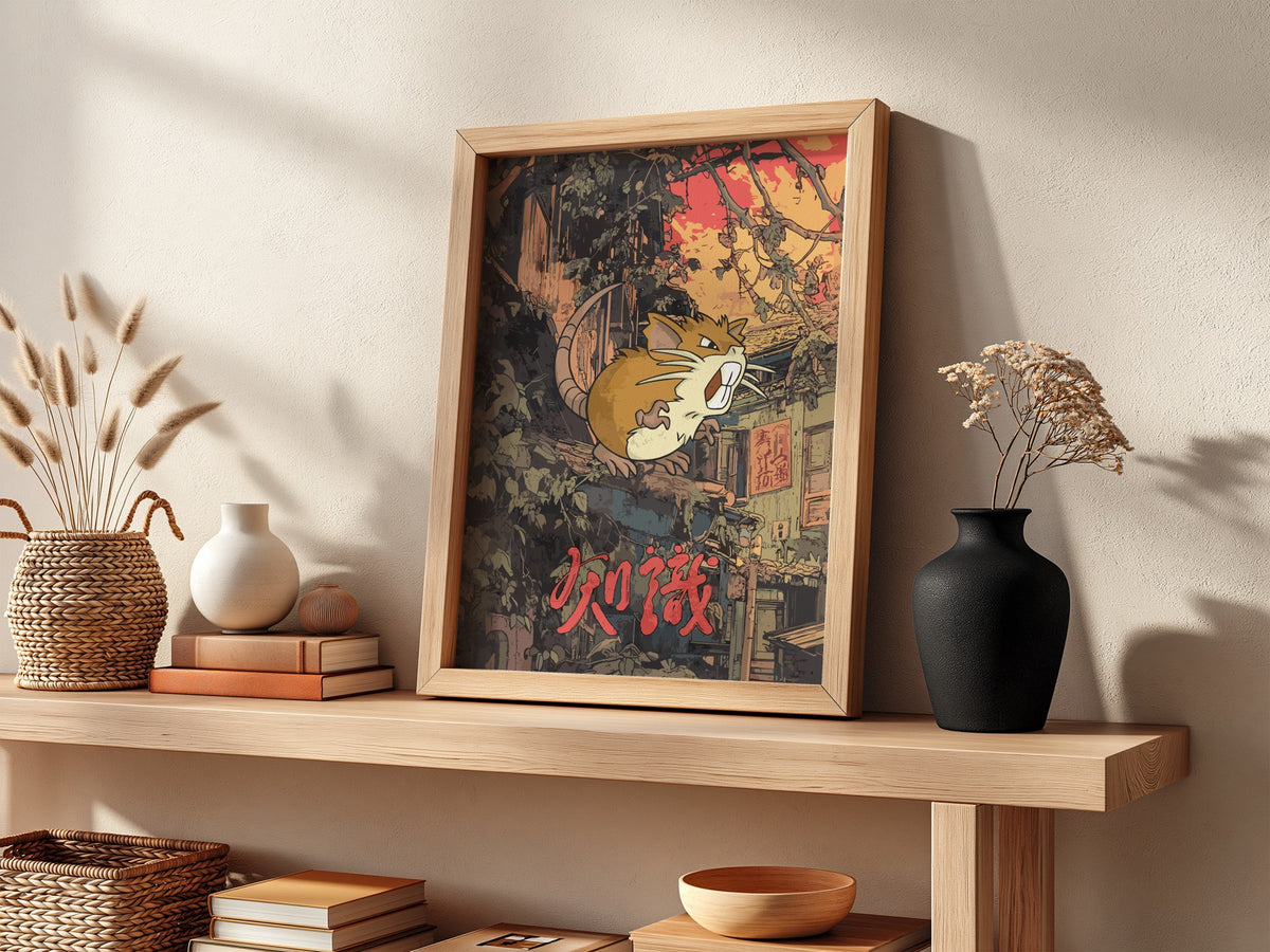 Poster featuring Raticate with warm brown and red Japanese urban background and bold red text