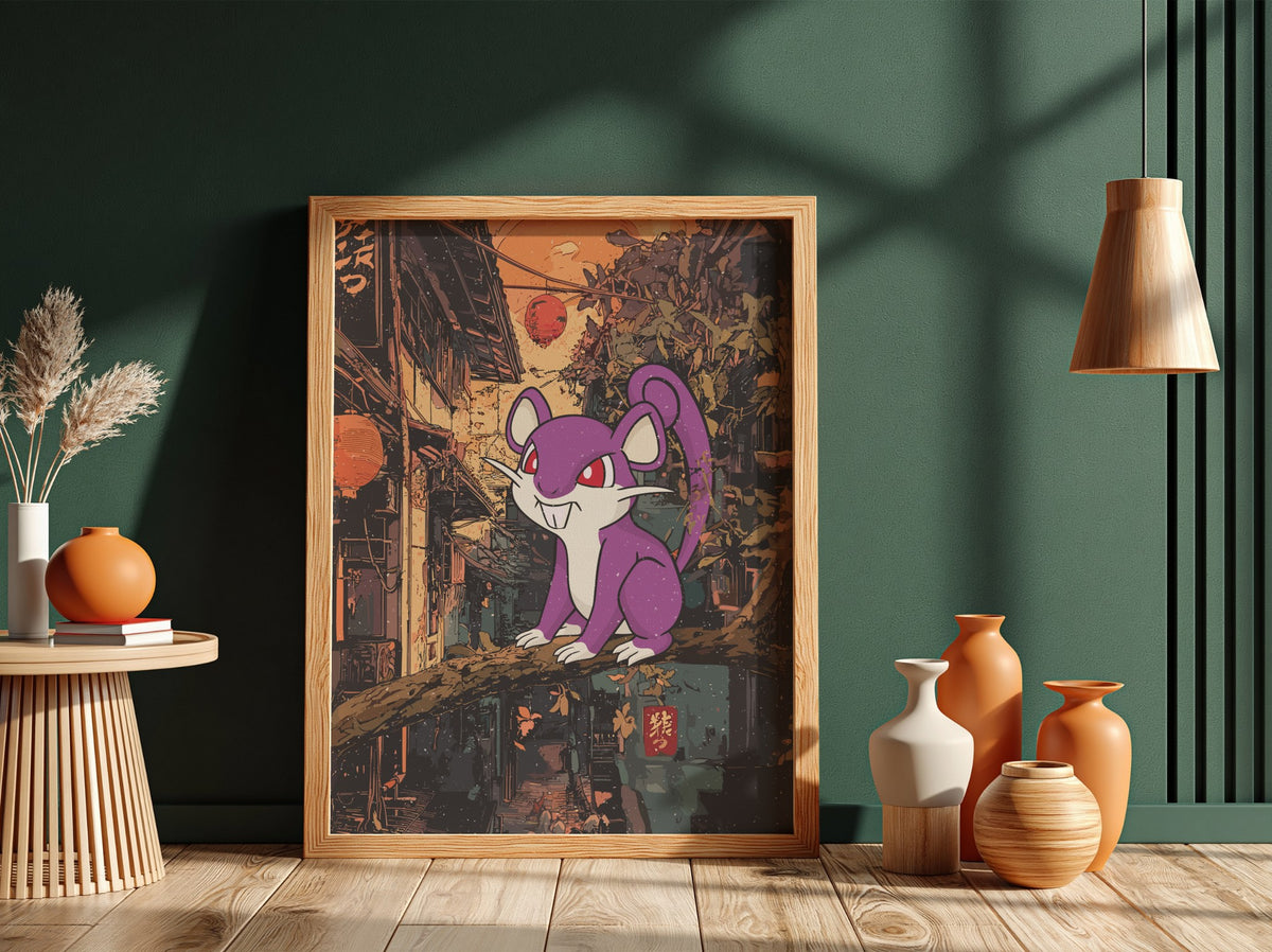 Poster wall decor featuring purple Rattata character on branch with warm orange urban background