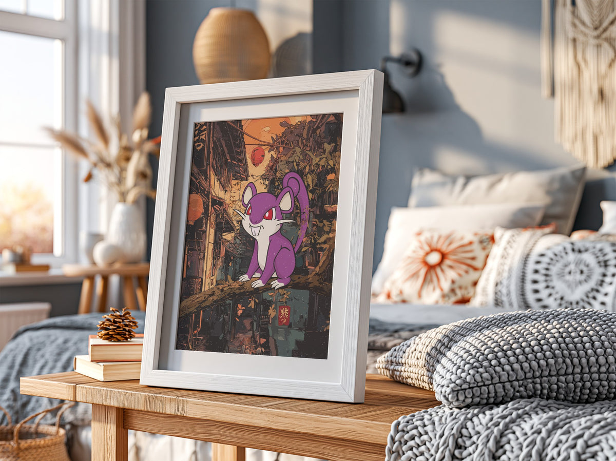 Poster wall decor featuring purple Rattata character on branch with warm orange urban background