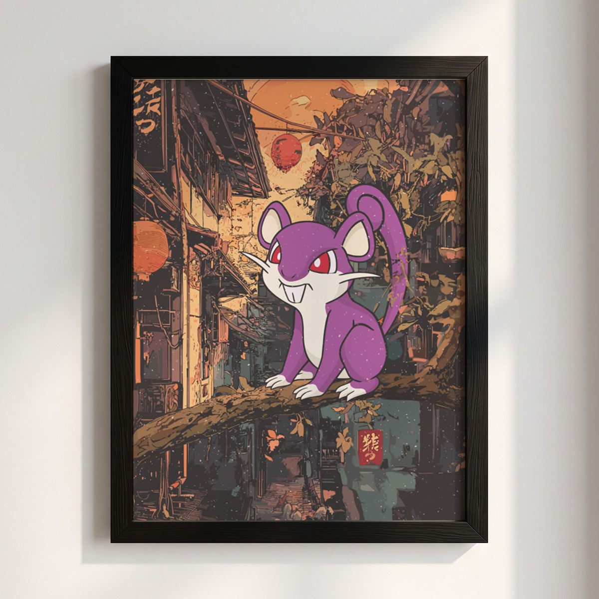Poster wall decor featuring purple Rattata character on branch with warm orange urban background