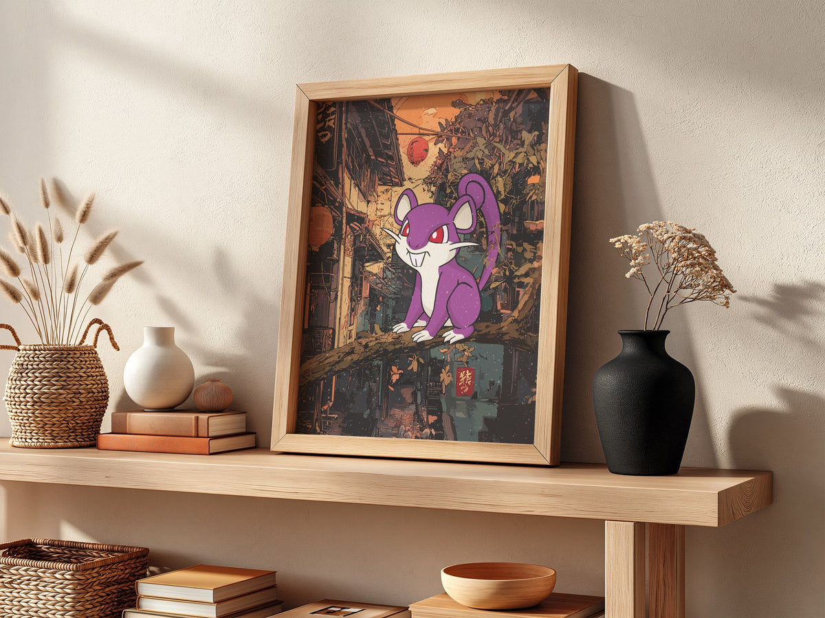 Poster wall decor featuring purple Rattata character on branch with warm orange urban background