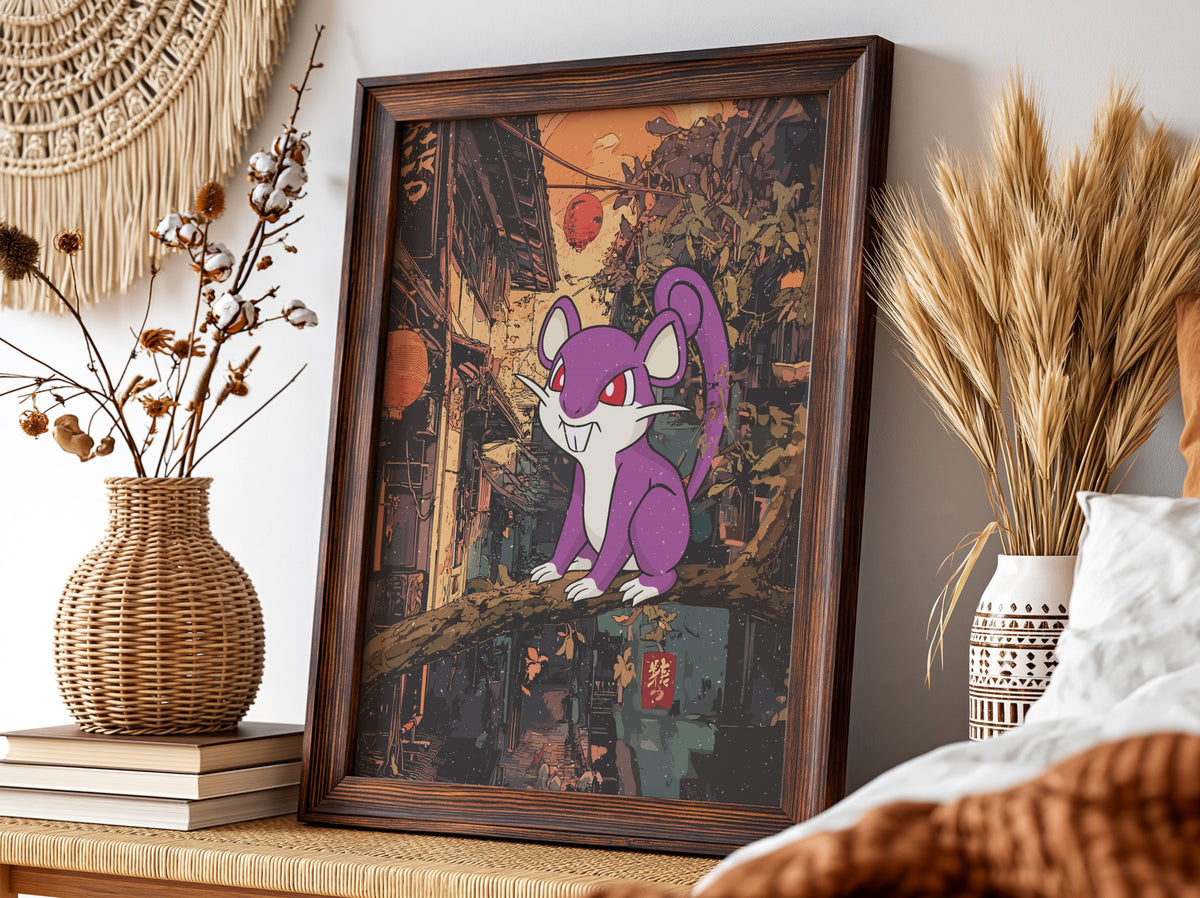 Poster wall decor featuring purple Rattata character on branch with warm orange urban background