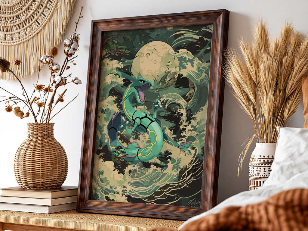 Poster of Rayquaza dragon coiled with teal and green scales amid ocean waves under full moon