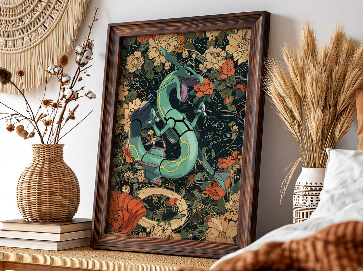 Poster of Rayquaza dragon surrounded by orange and beige flowers in detailed stylized art