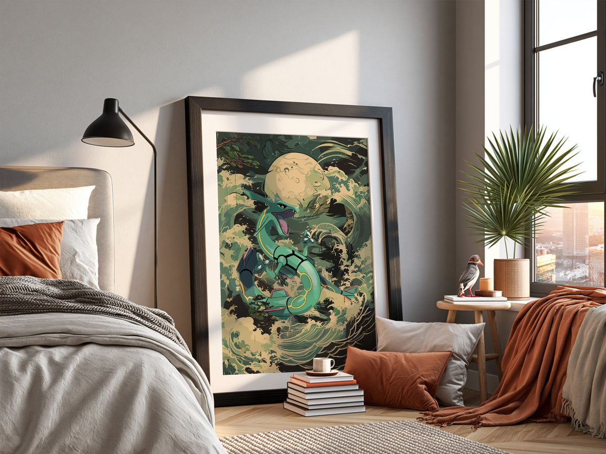 Poster of Rayquaza dragon coiled with teal and green scales amid ocean waves under full moon