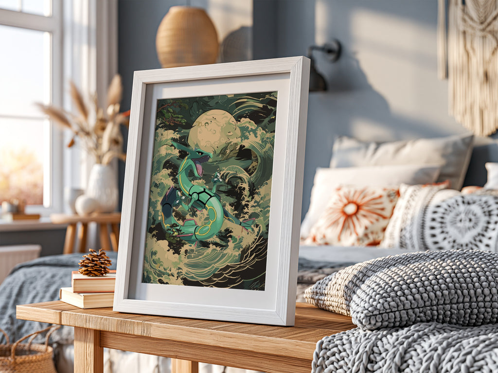 Poster of Rayquaza dragon coiled with teal and green scales amid ocean waves under full moon