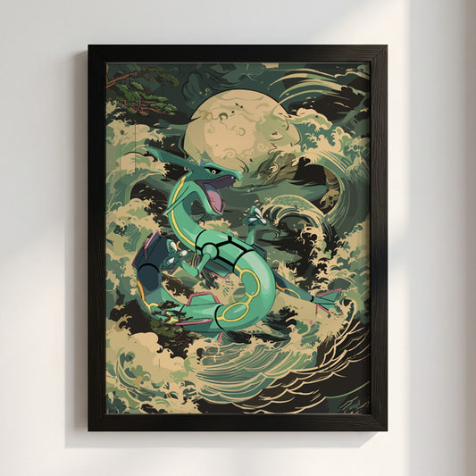 Poster of Rayquaza dragon coiled with teal and green scales amid ocean waves under full moon