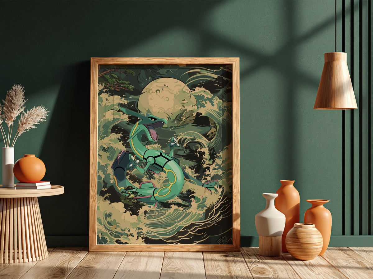 Poster of Rayquaza dragon coiled with teal and green scales amid ocean waves under full moon