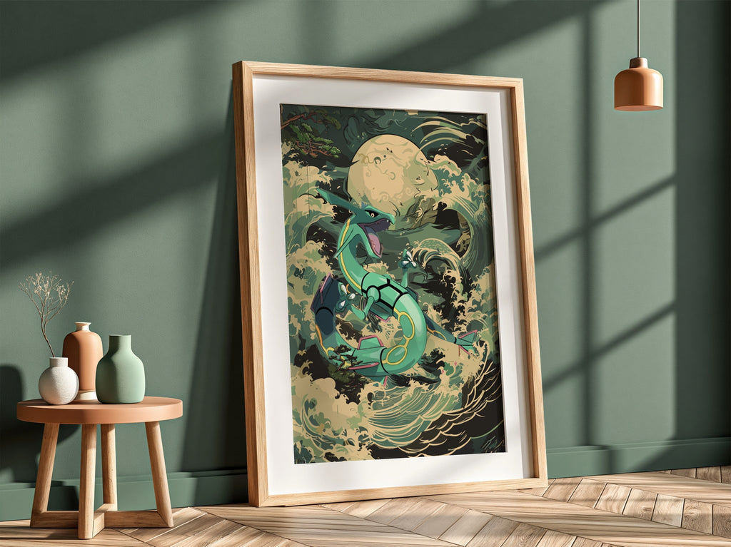 Poster of Rayquaza dragon coiled with teal and green scales amid ocean waves under full moon