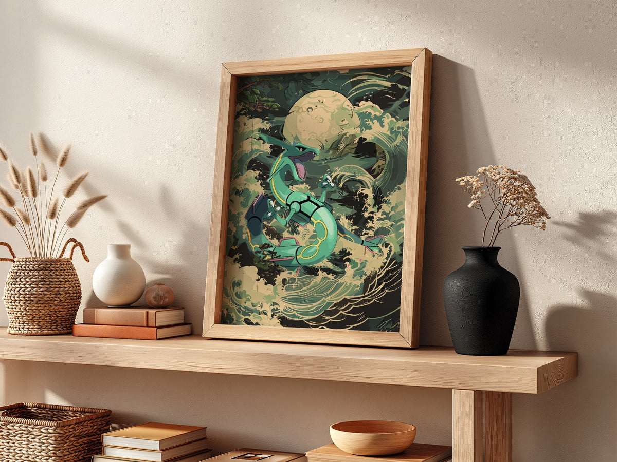 Poster of Rayquaza dragon coiled with teal and green scales amid ocean waves under full moon