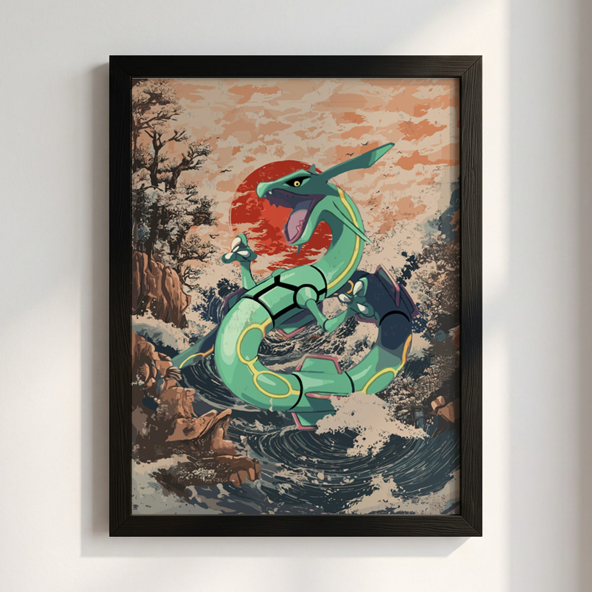Poster of Rayquaza dragon in green with Japanese wave style background and red sun