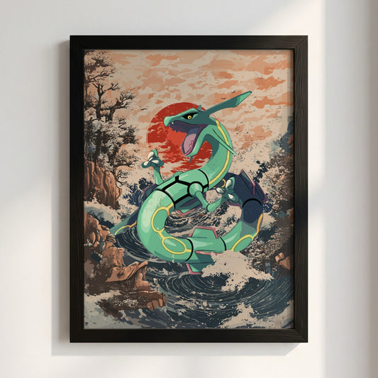 Poster of Rayquaza dragon in green with Japanese wave style background and red sun