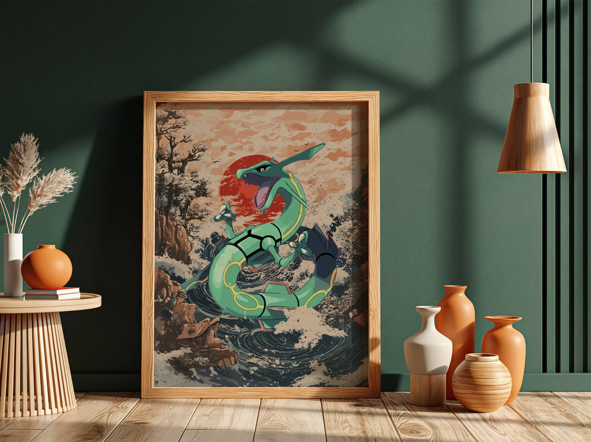 Poster of Rayquaza dragon in green with Japanese wave style background and red sun