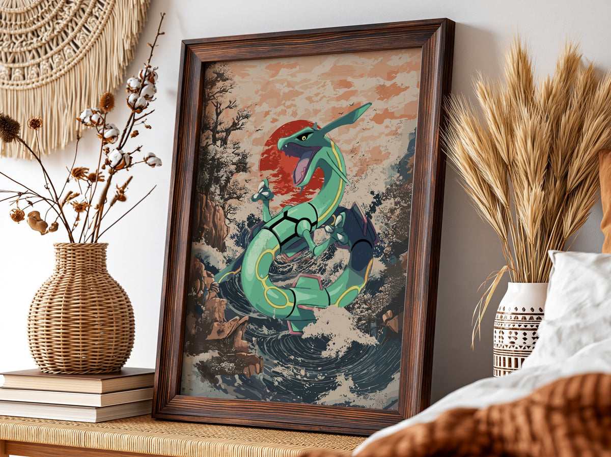 Poster of Rayquaza dragon in green with Japanese wave style background and red sun