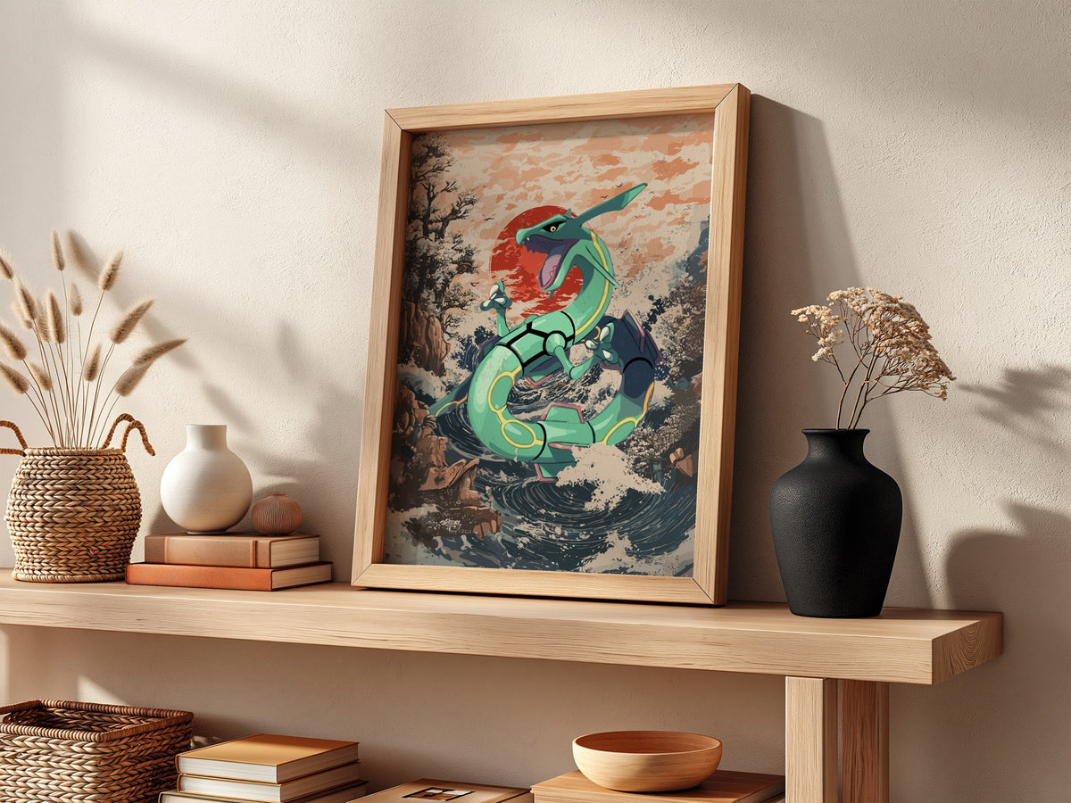 Poster of Rayquaza dragon in green with Japanese wave style background and red sun
