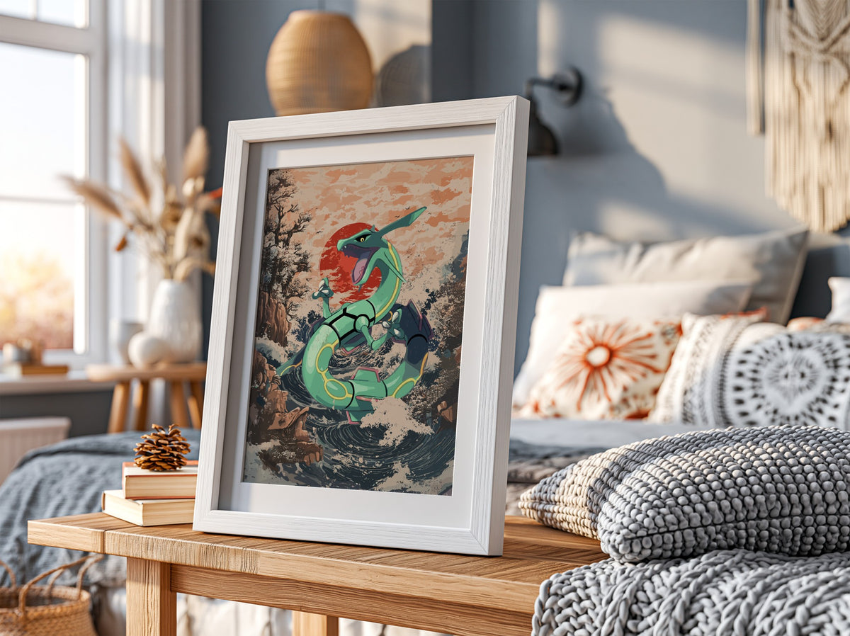 Poster of Rayquaza dragon in green with Japanese wave style background and red sun