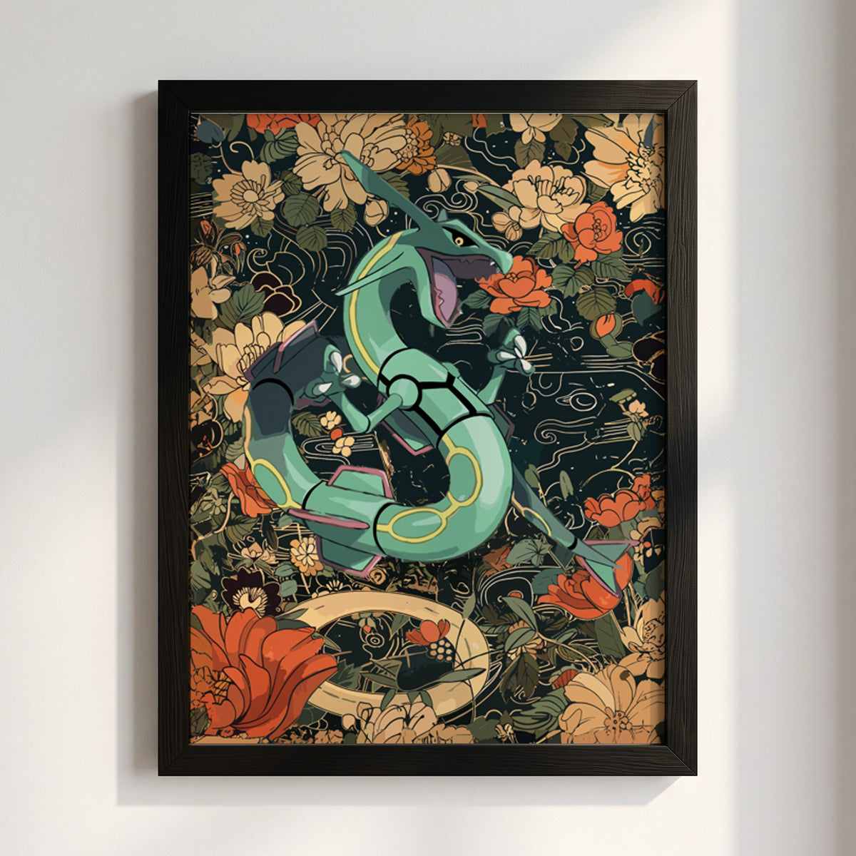 Poster of Rayquaza dragon surrounded by orange and beige flowers in detailed stylized art