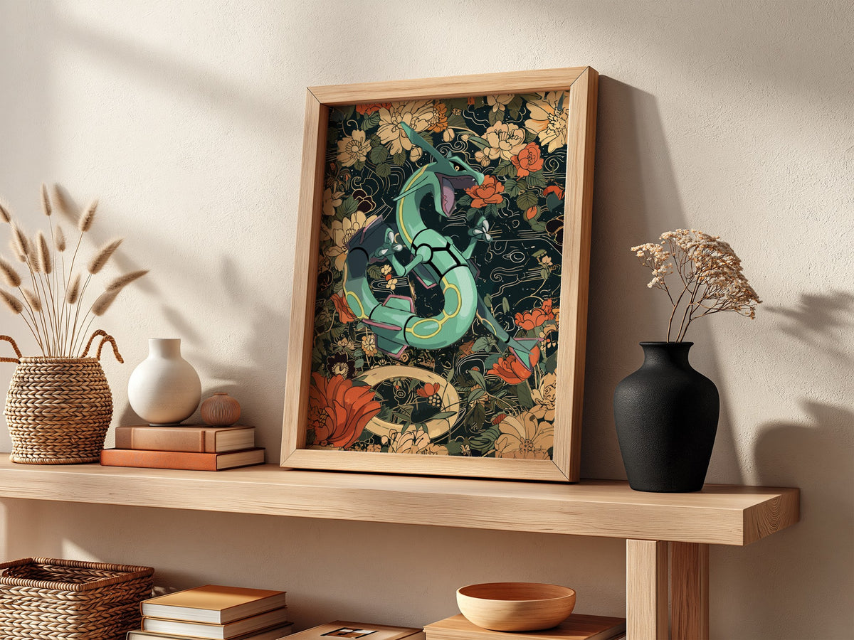 Poster of Rayquaza dragon surrounded by orange and beige flowers in detailed stylized art
