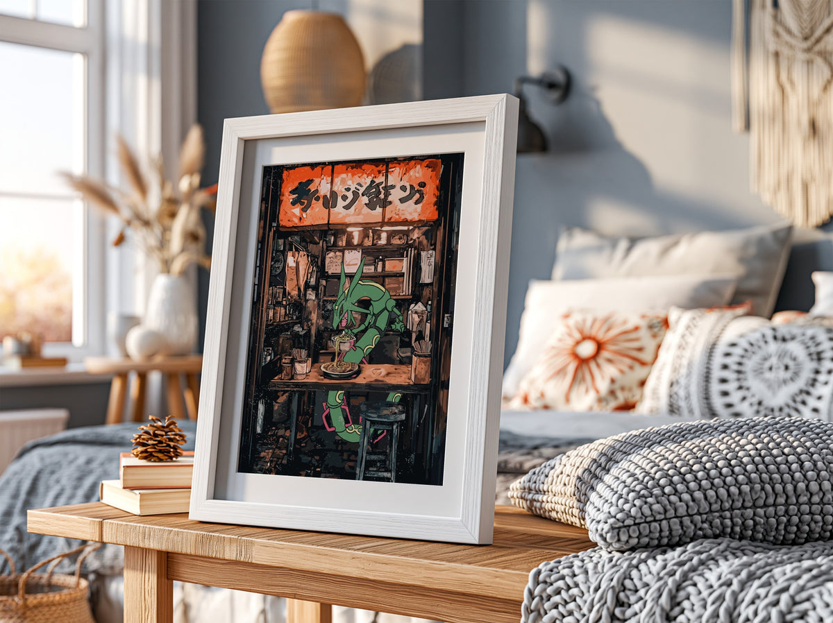 Framed Rayquaza Ramen illustration with vibrant green dragon and warm orange Japanese eatery scene