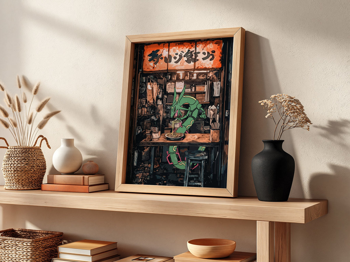 Framed Rayquaza Ramen illustration with vibrant green dragon and warm orange Japanese eatery scene