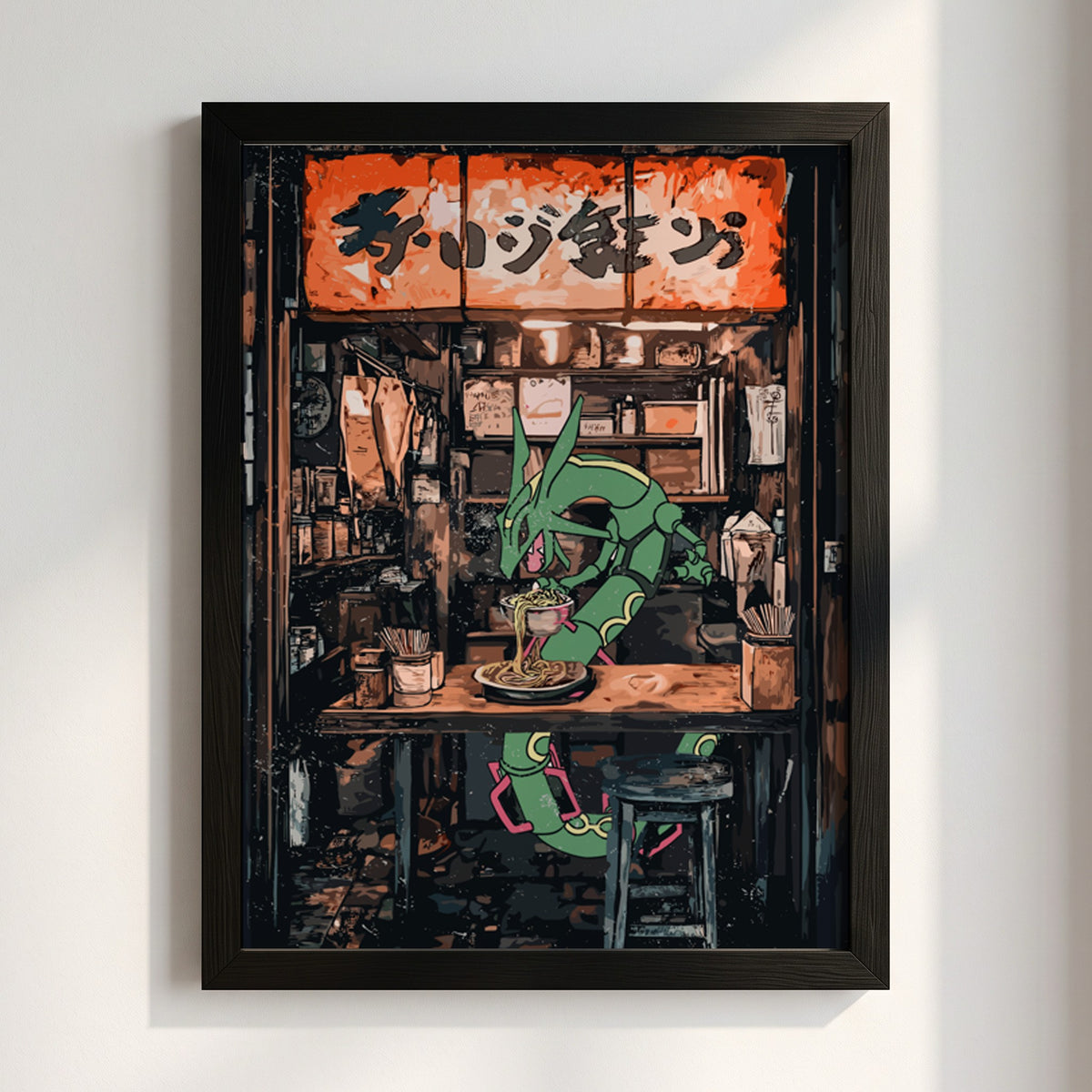Framed Rayquaza Ramen illustration with vibrant green dragon and warm orange Japanese eatery scene
