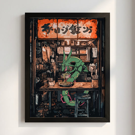 Framed Rayquaza Ramen illustration with vibrant green dragon and warm orange Japanese eatery scene