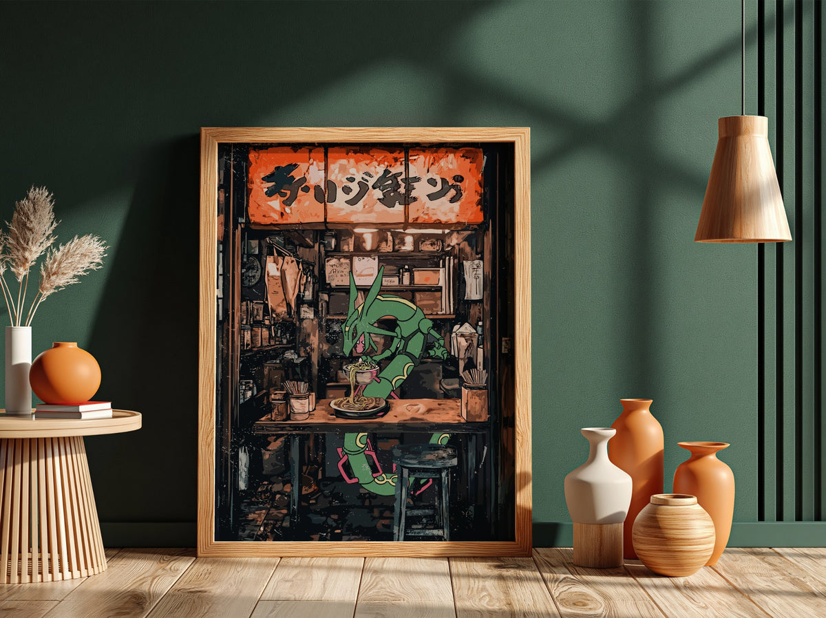 Framed Rayquaza Ramen illustration with vibrant green dragon and warm orange Japanese eatery scene