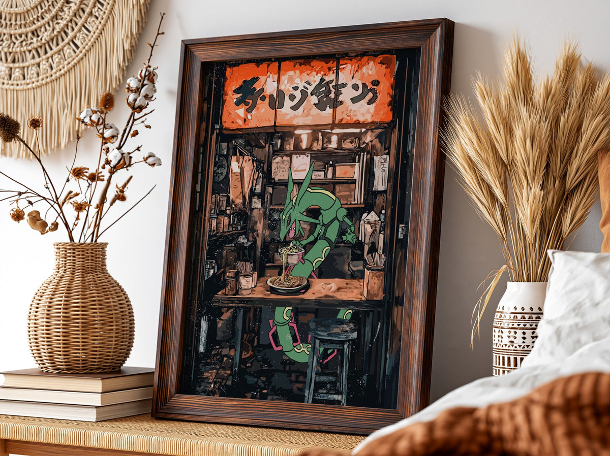 Framed Rayquaza Ramen illustration with vibrant green dragon and warm orange Japanese eatery scene