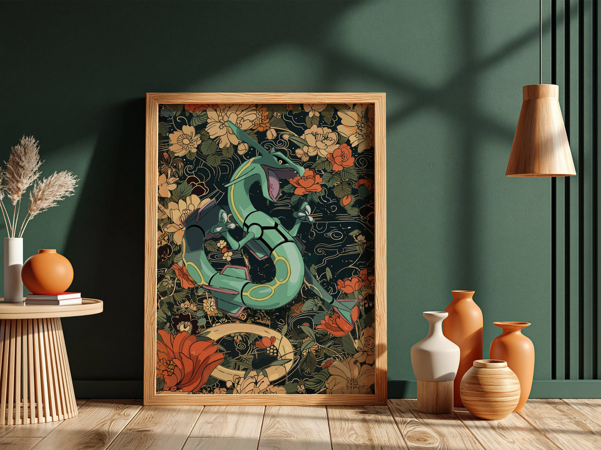 Poster of Rayquaza dragon surrounded by orange and beige flowers in detailed stylized art