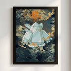 Poster of Regice crystal figure with icy blues and amber swirling cosmic background